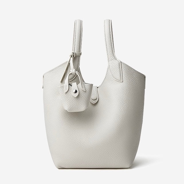 Women's Genuine Leather Pebbled Bucket Bag with Mini Pouch