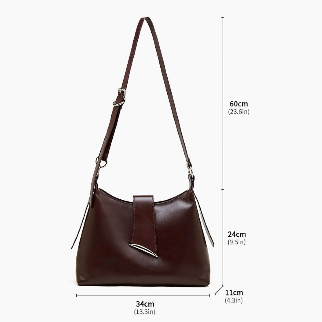 Women's Genuine Leather Hobo Shoulder Bag with Metal Detail