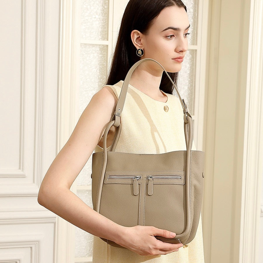 Women's Genuine Leather Structured Bucket Bag with Magnetic Closure
