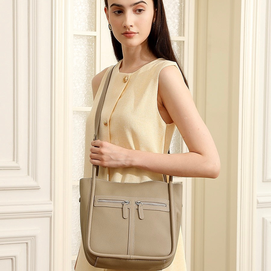 Women's Genuine Leather Structured Bucket Bag with Magnetic Closure