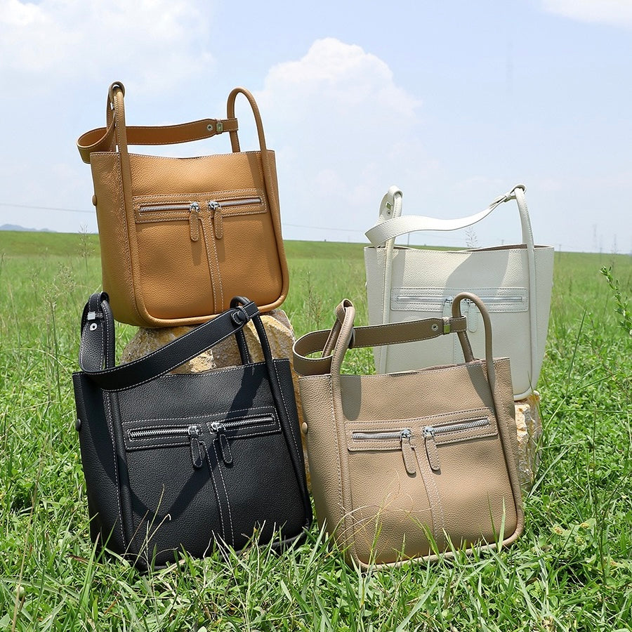 Women's Genuine Leather Structured Bucket Bag with Magnetic Closure