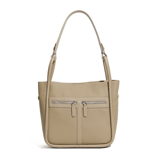 Women's Genuine Leather Structured Bucket Bag with Magnetic Closure