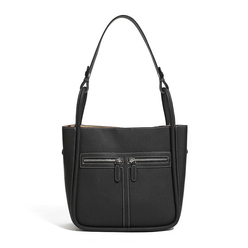 Women's Genuine Leather Structured Bucket Bag with Magnetic Closure