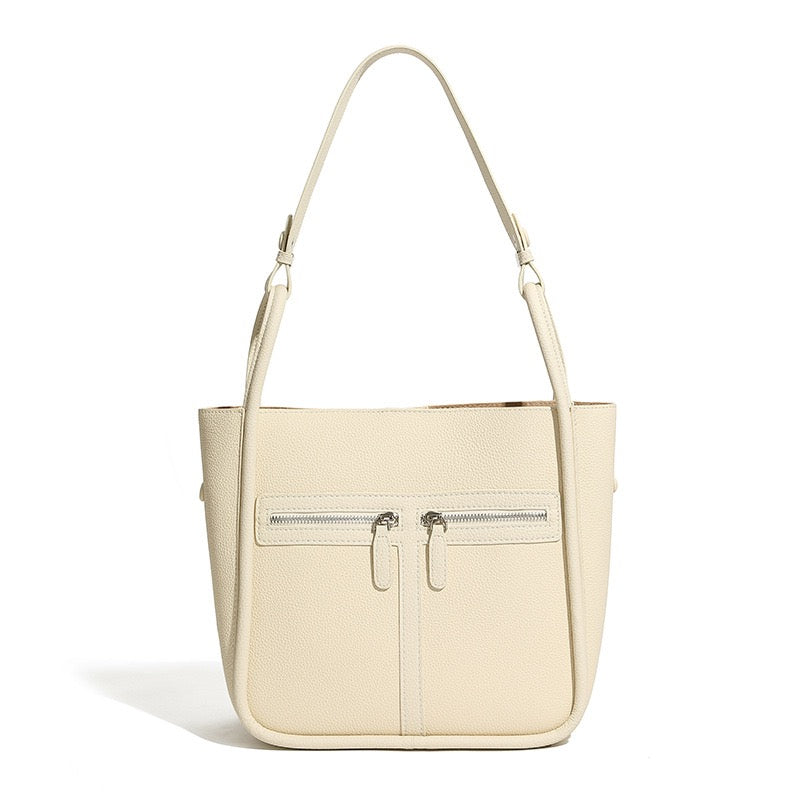 Women's Genuine Leather Structured Bucket Bag with Magnetic Closure