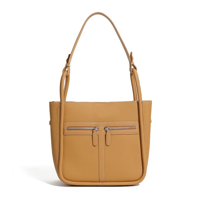 Women's Genuine Leather Structured Bucket Bag with Magnetic Closure