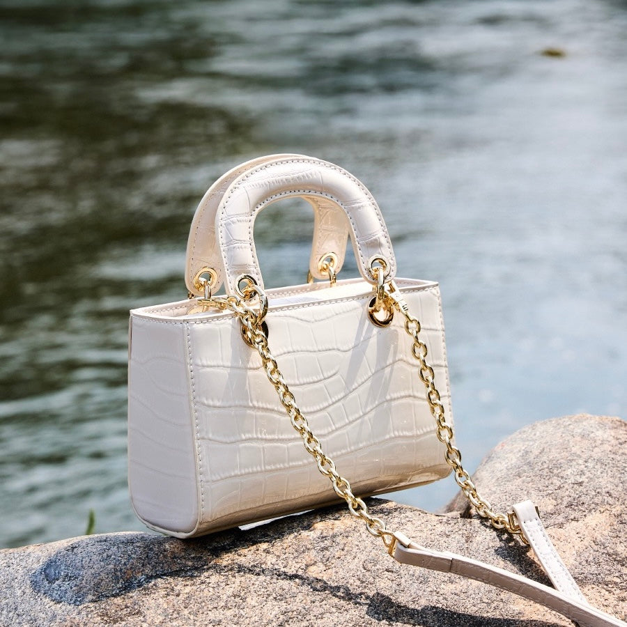 Women's Genuine Leather Croc Embossed Top Handle Handbag