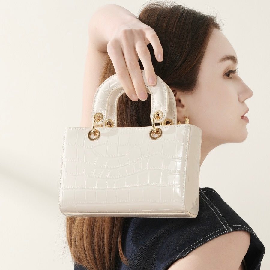 Women's Genuine Leather Croc Embossed Top Handle Handbag