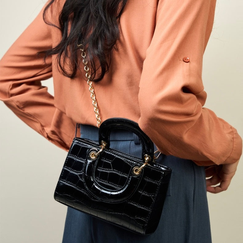 Women's Genuine Leather Croc Embossed Top Handle Handbag