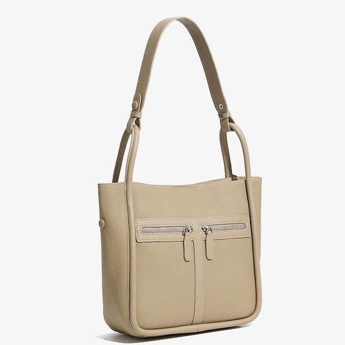 Women's Genuine Leather Structured Bucket Bag with Magnetic Closure