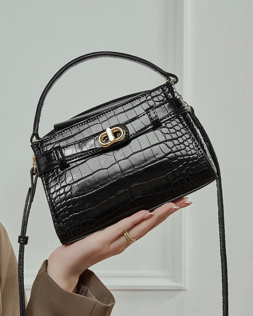 Women's Genuine Leather Croc Embossed Top Handle Bag