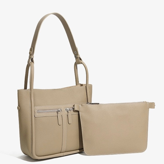 Women's Genuine Leather Structured Bucket Bag with Magnetic Closure