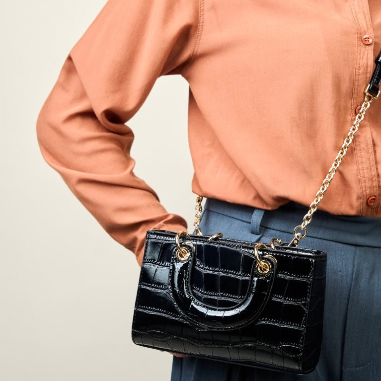 Women's Genuine Leather Croc Embossed Top Handle Handbag