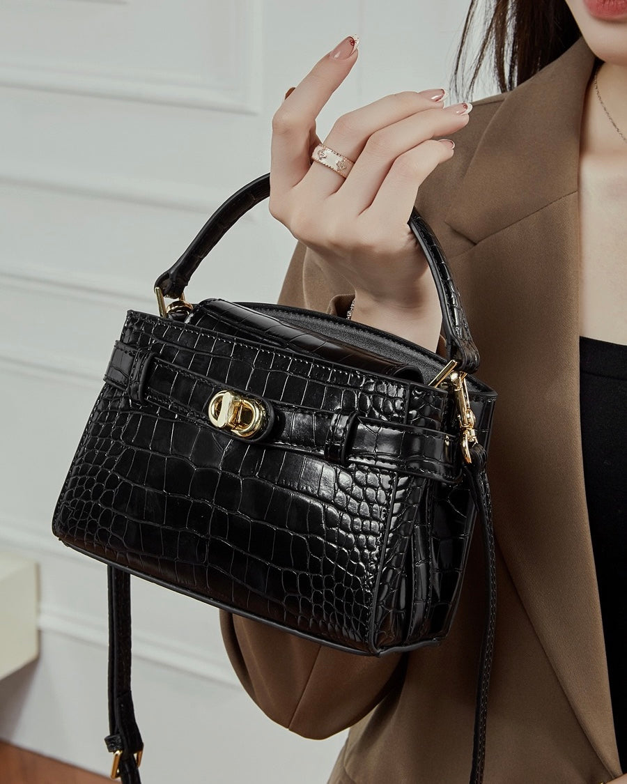 Women's Genuine Leather Croc Embossed Top Handle Bag