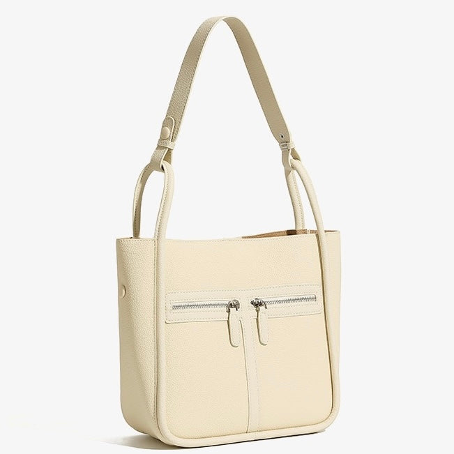 Women's Genuine Leather Structured Bucket Bag with Magnetic Closure