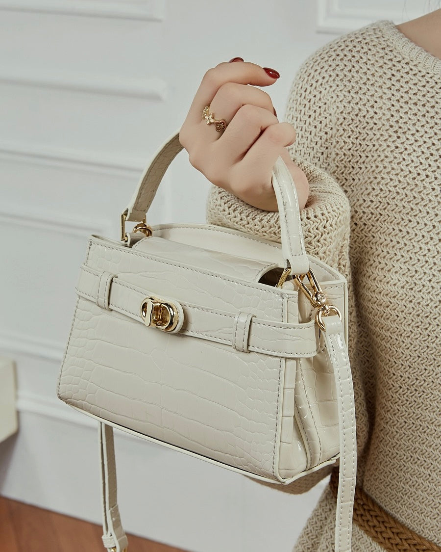 Women's Genuine Leather Croc Embossed Top Handle Bag