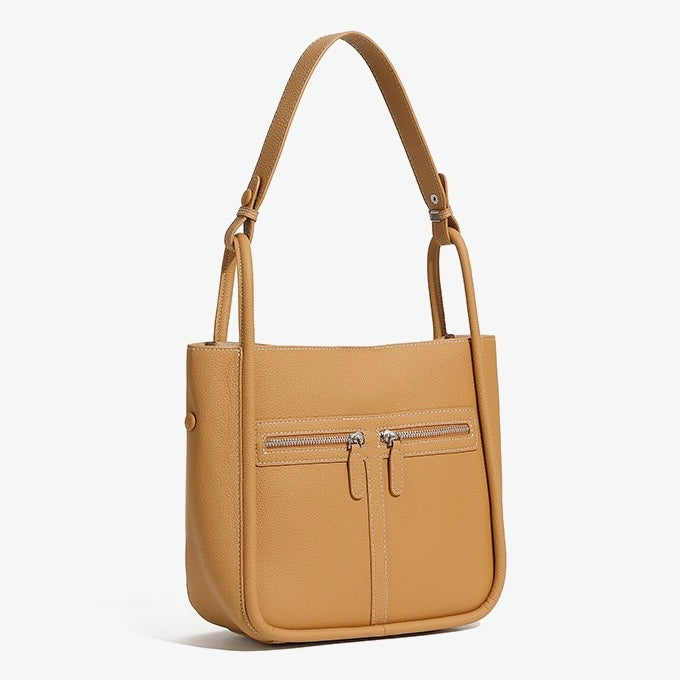 Women's Genuine Leather Structured Bucket Bag with Magnetic Closure