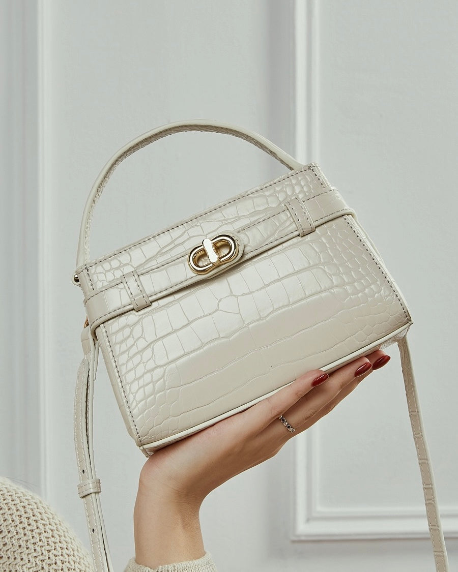 Women's Genuine Leather Croc Embossed Top Handle Bag