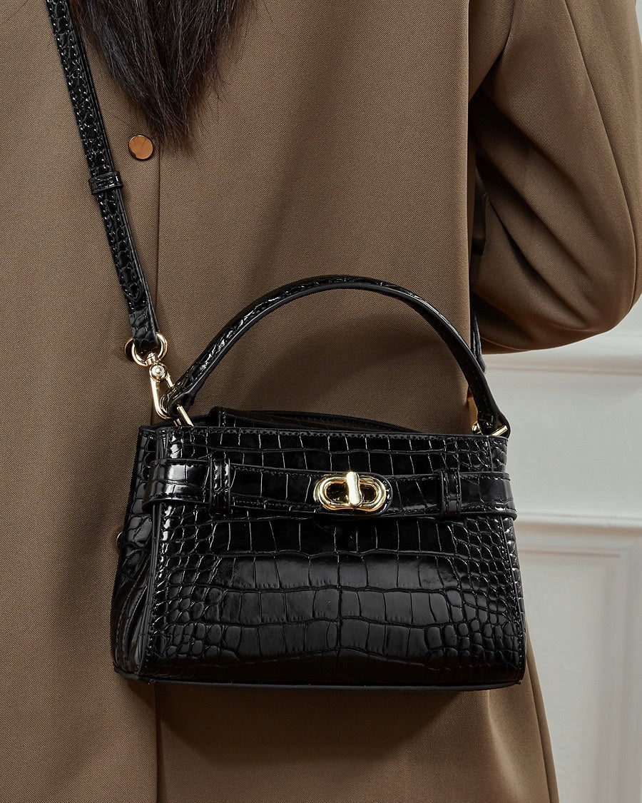 Women's Genuine Leather Croc Embossed Top Handle Bag