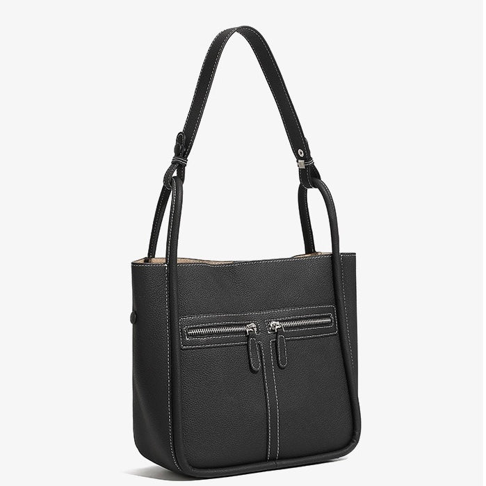 Women's Genuine Leather Structured Bucket Bag with Magnetic Closure
