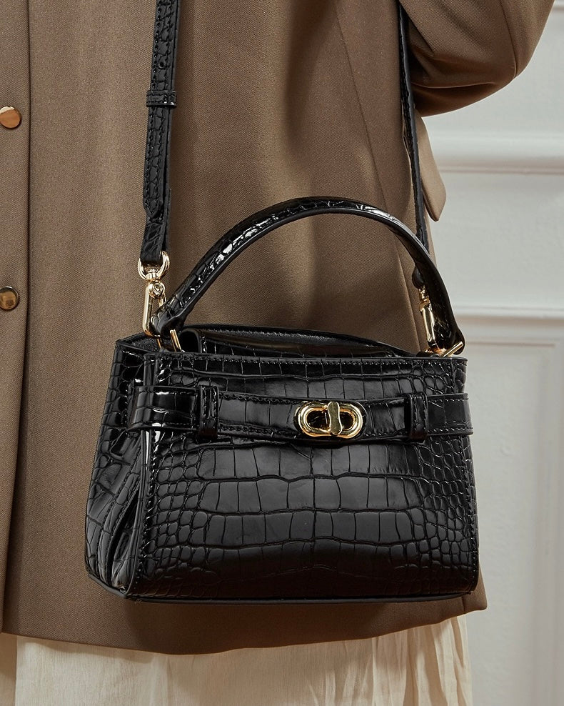 Women's Genuine Leather Croc Embossed Top Handle Bag