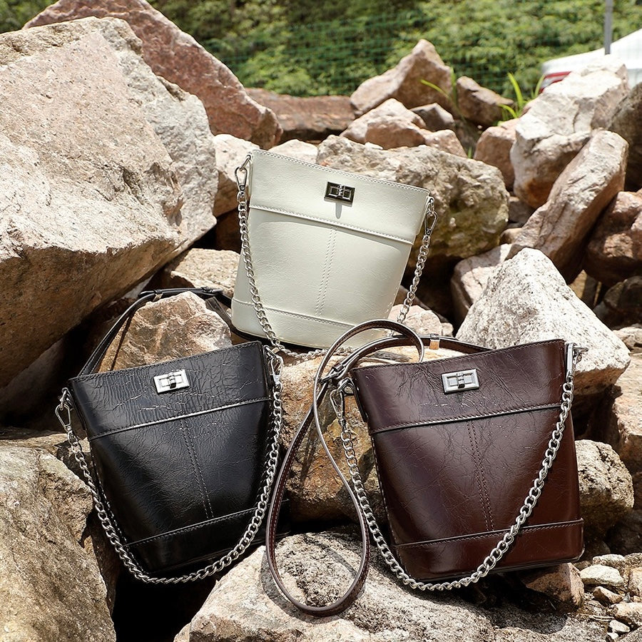Women's Genuine Leather Waxed Bucket Bag with Lock Detail