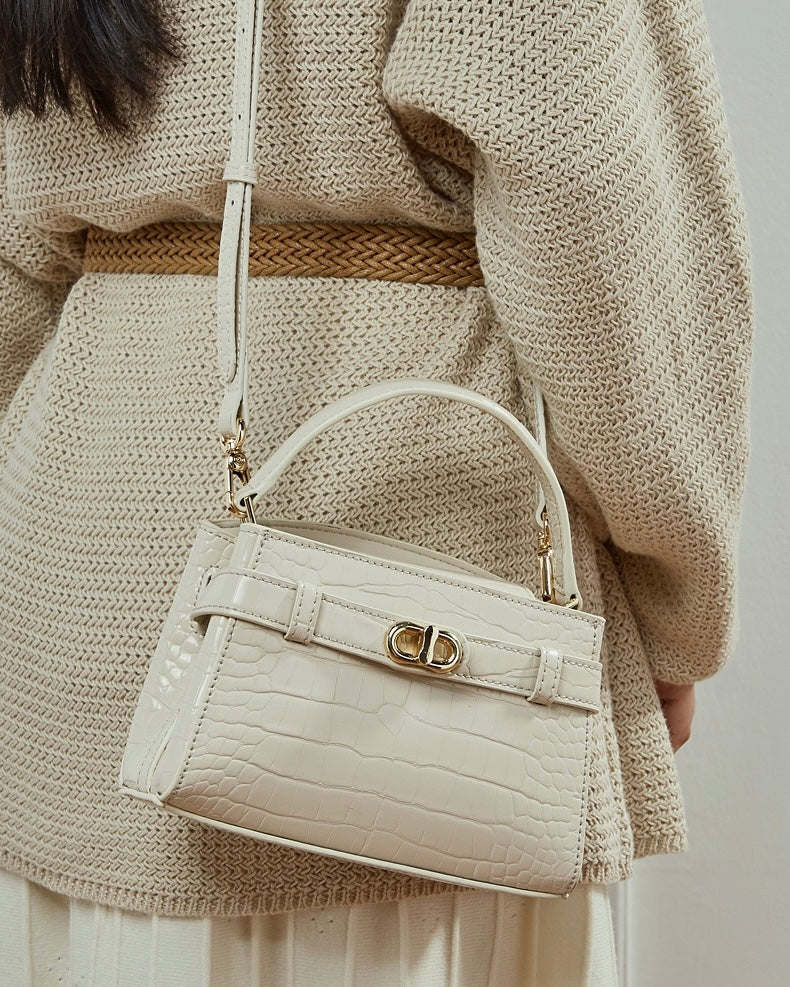 Women's Genuine Leather Croc Embossed Top Handle Bag