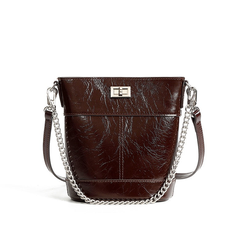 Women's Genuine Leather Waxed Bucket Bag with Lock Detail