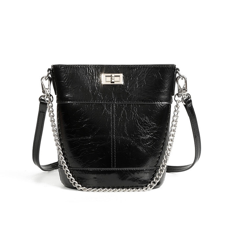 Women's Genuine Leather Waxed Bucket Bag with Lock Detail
