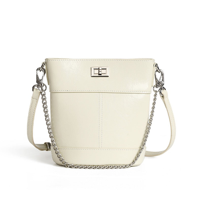 Women's Genuine Leather Waxed Bucket Bag with Lock Detail