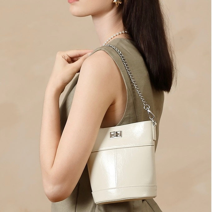 Women's Genuine Leather Waxed Bucket Bag with Lock Detail