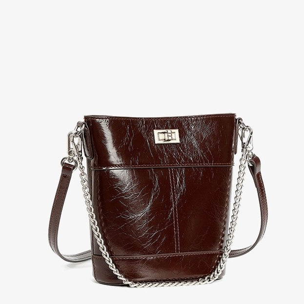 Women's Genuine Leather Waxed Bucket Bag with Lock Detail