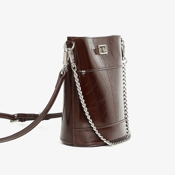 Women's Genuine Leather Waxed Bucket Bag with Lock Detail