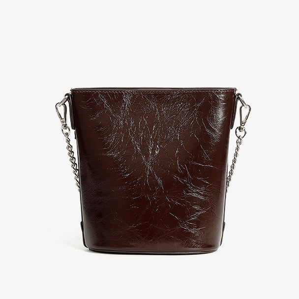 Women's Genuine Leather Waxed Bucket Bag with Lock Detail