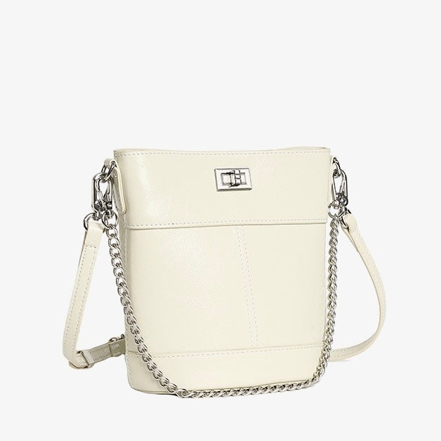 Women's Genuine Leather Waxed Bucket Bag with Lock Detail
