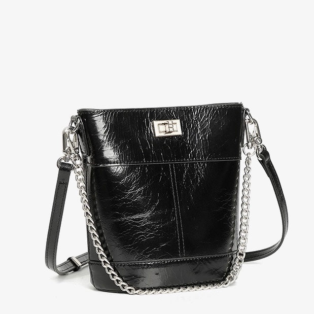 Women's Genuine Leather Waxed Bucket Bag with Lock Detail