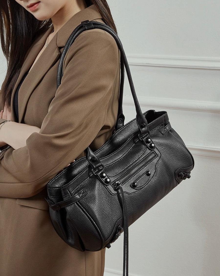 Women's Genuine Leather Rivet Detail Slouchy Shoulder Bag
