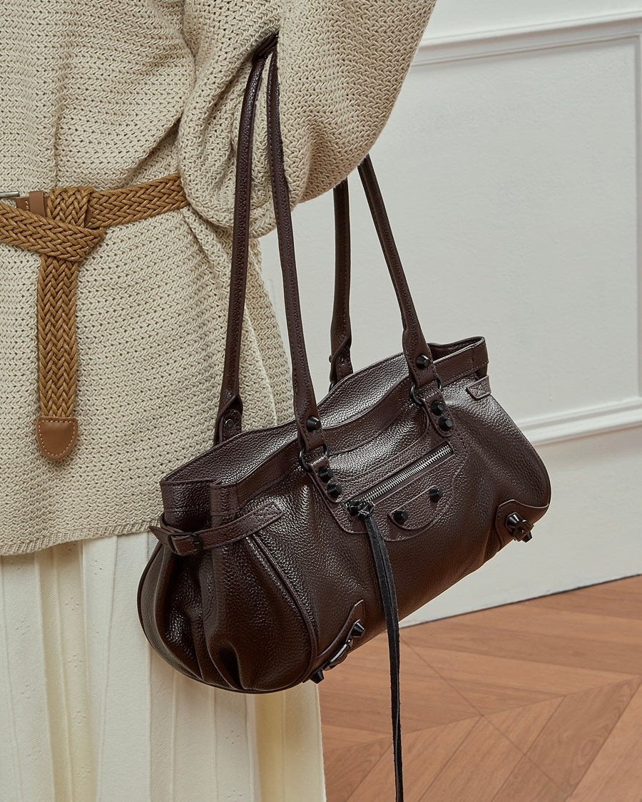 Women's Genuine Leather Rivet Detail Slouchy Shoulder Bag