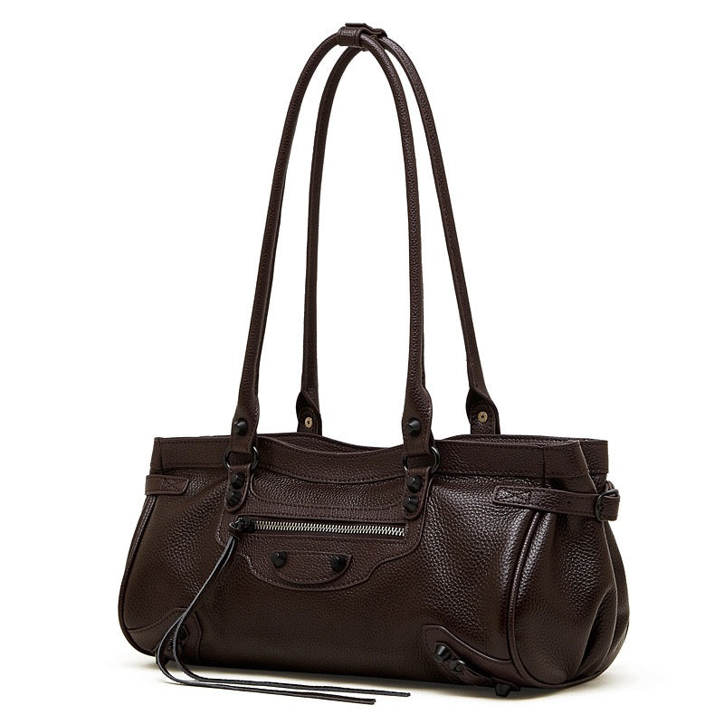 Women's Genuine Leather Rivet Detail Slouchy Shoulder Bag