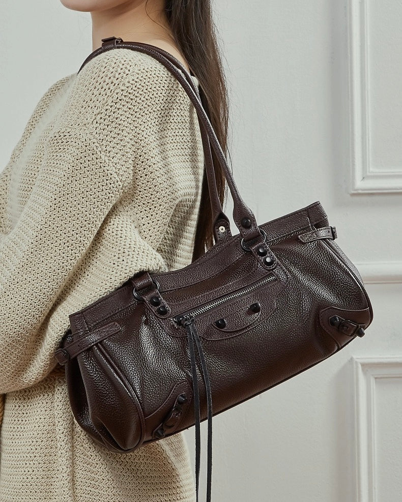 Women's Genuine Leather Rivet Detail Slouchy Shoulder Bag