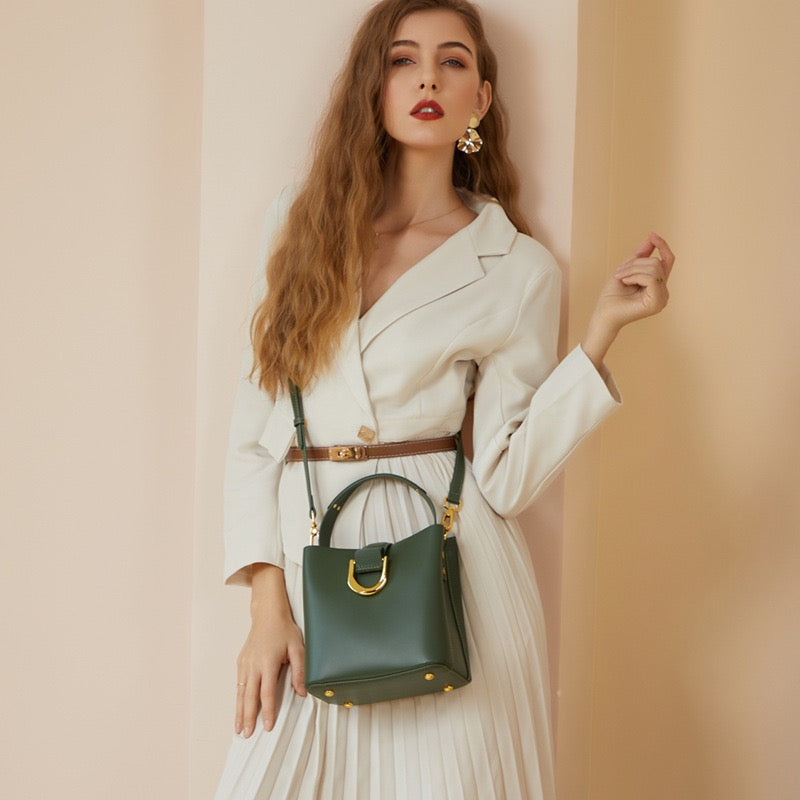 Women's Genuine Leather Bucket Shoulder Crossbody Bag with Phone Pocket