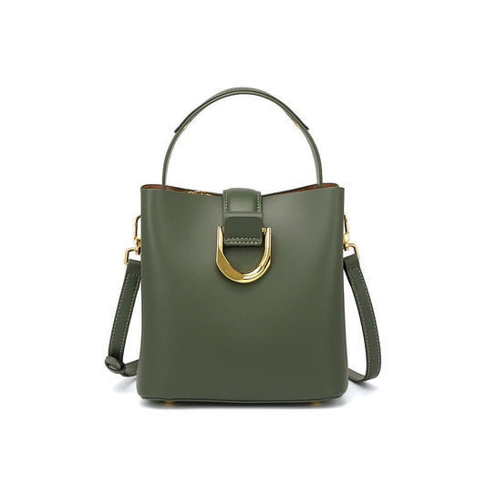 Women's Genuine Leather Bucket Shoulder Crossbody Bag with Phone Pocket
