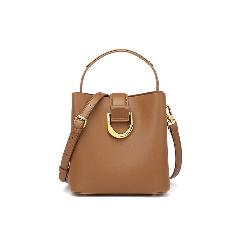Women's Genuine Leather Bucket Shoulder Crossbody Bag with Phone Pocket