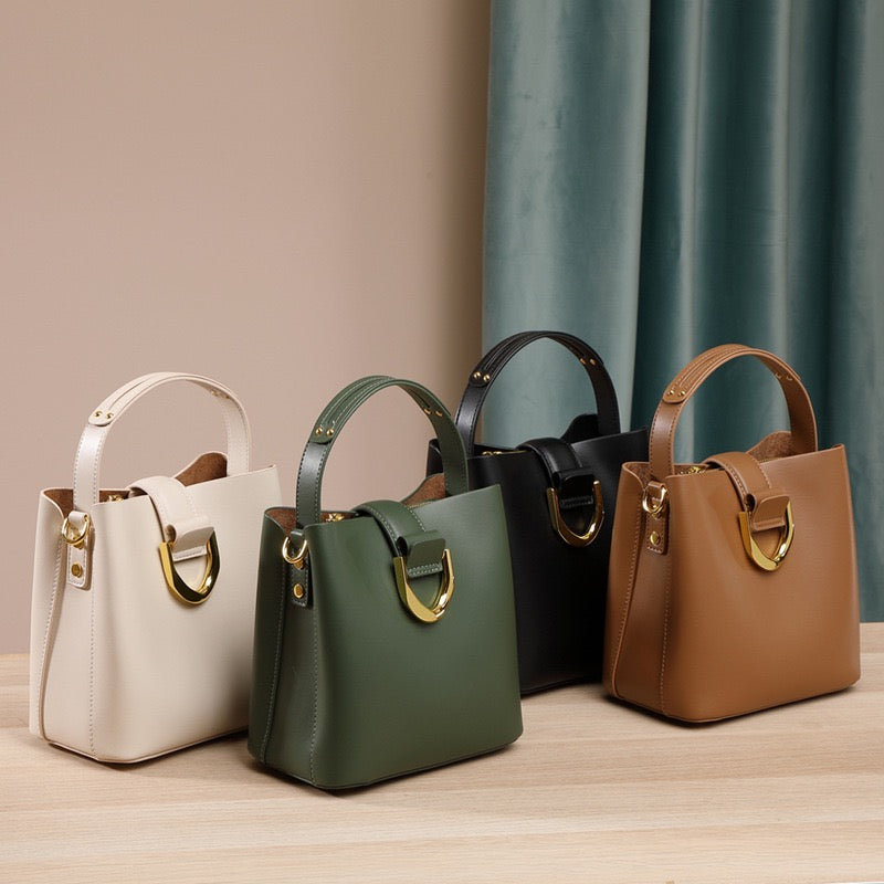 Women's Genuine Leather Bucket Shoulder Crossbody Bag with Phone Pocket