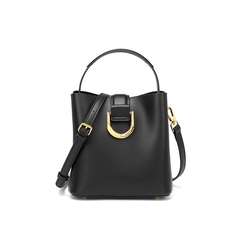 Women's Genuine Leather Bucket Shoulder Crossbody Bag with Phone Pocket