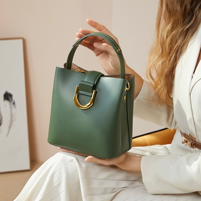 Women's Genuine Leather Bucket Shoulder Crossbody Bag with Phone Pocket