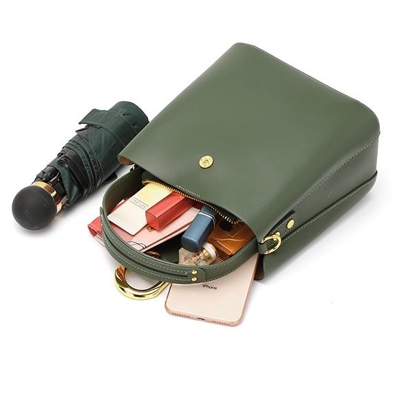 Women's Genuine Leather Bucket Shoulder Crossbody Bag with Phone Pocket