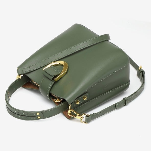 Women's Genuine Leather Bucket Shoulder Crossbody Bag with Phone Pocket