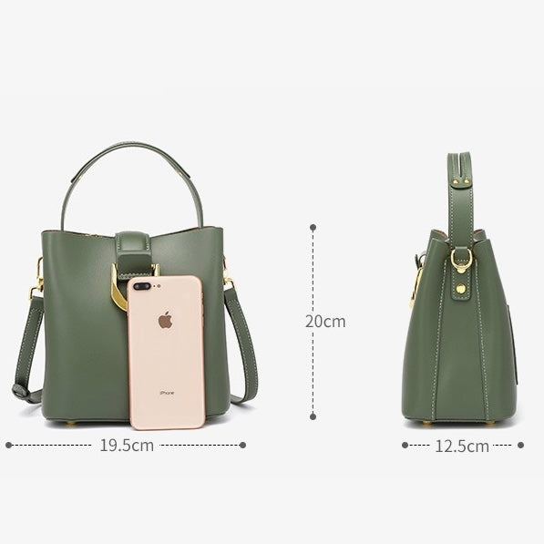 Women's Genuine Leather Bucket Shoulder Crossbody Bag with Phone Pocket