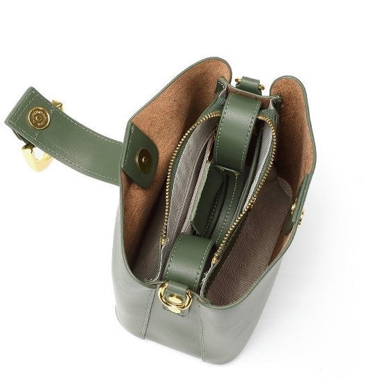 Women's Genuine Leather Bucket Shoulder Crossbody Bag with Phone Pocket