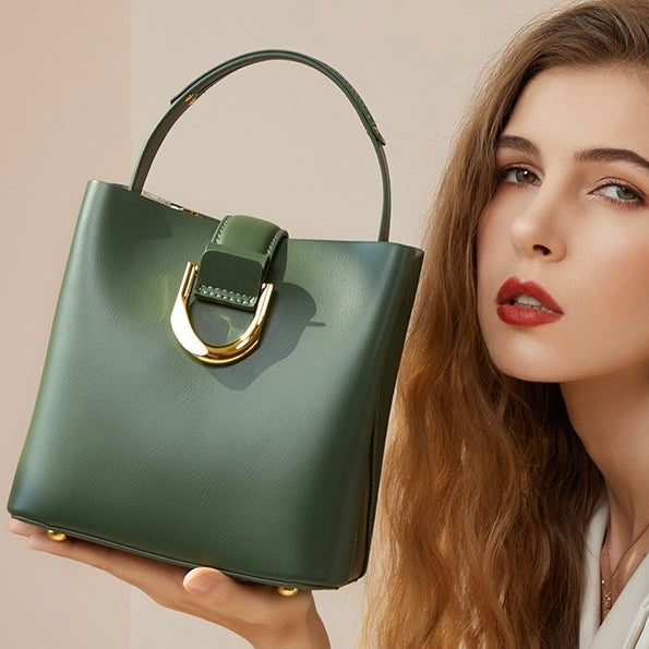 Women's Genuine Leather Bucket Shoulder Crossbody Bag with Phone Pocket